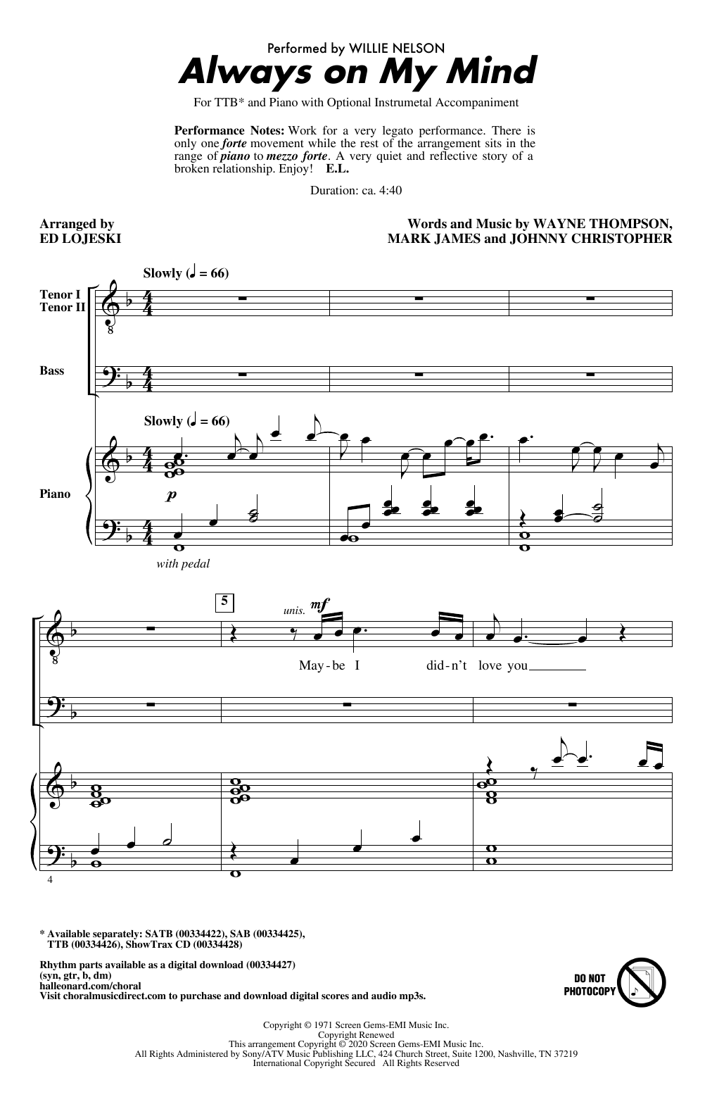 Product picture to: Always On My Mind (arr. Ed Lojeski)