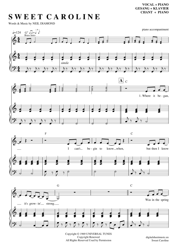 Product gallery: Page 1 of 11 Sweet Caroline , Diamond, Neil, Voice with Piano Accompaniment