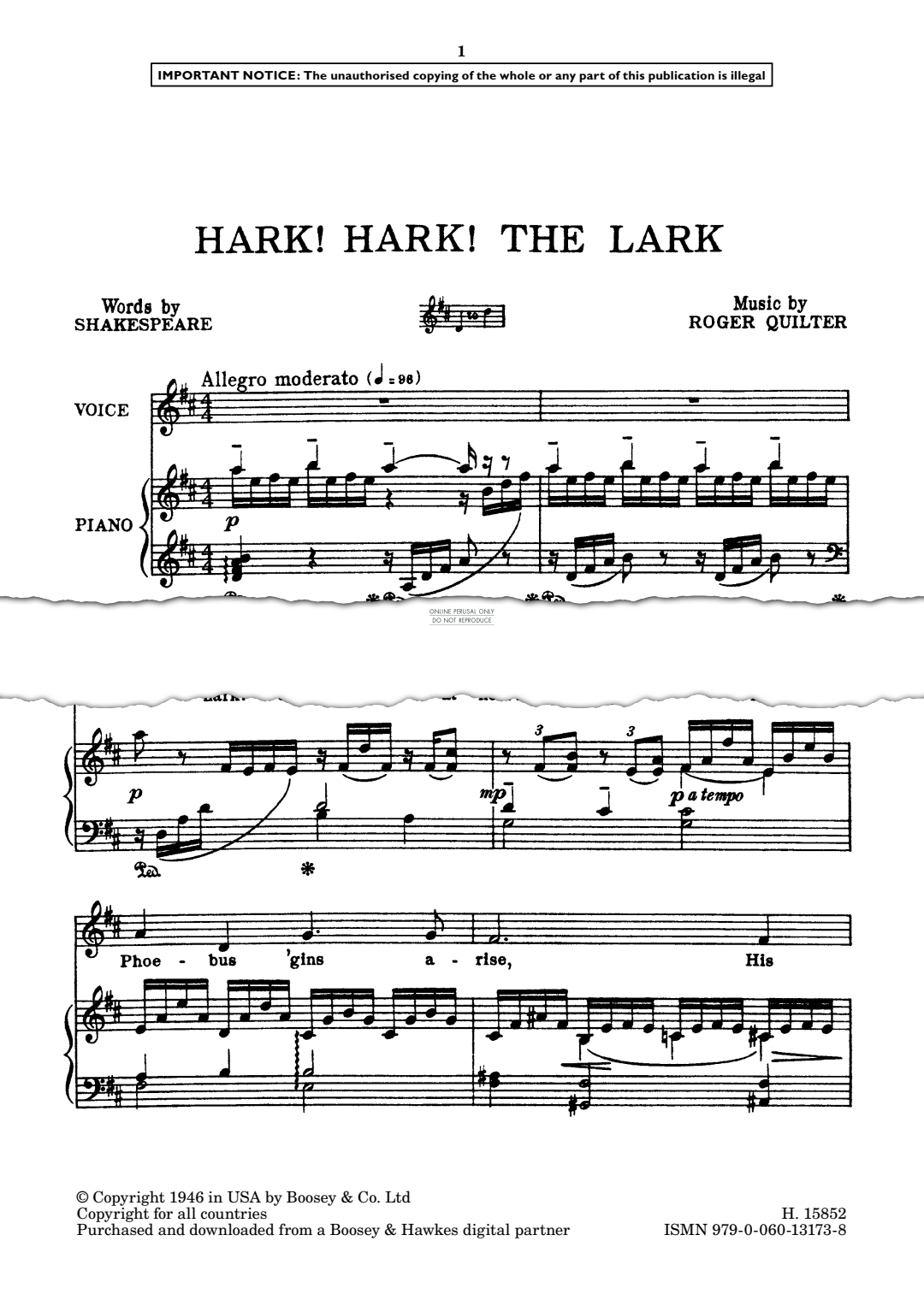 Product gallery: Page 1 of 1 Hark! Hark! The Lark, Roger Quilter