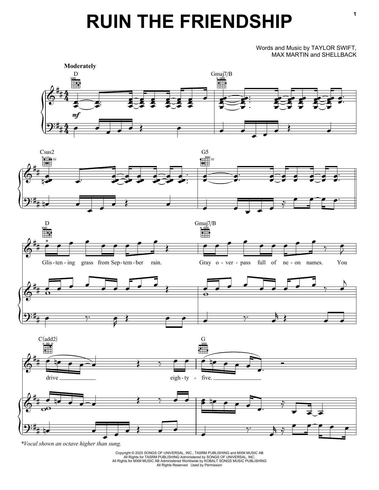 Produktgalerie: Seite 1 von 1 Ruin The Friendship, Taylor Swift, Gesang, Gitarre, Klavier