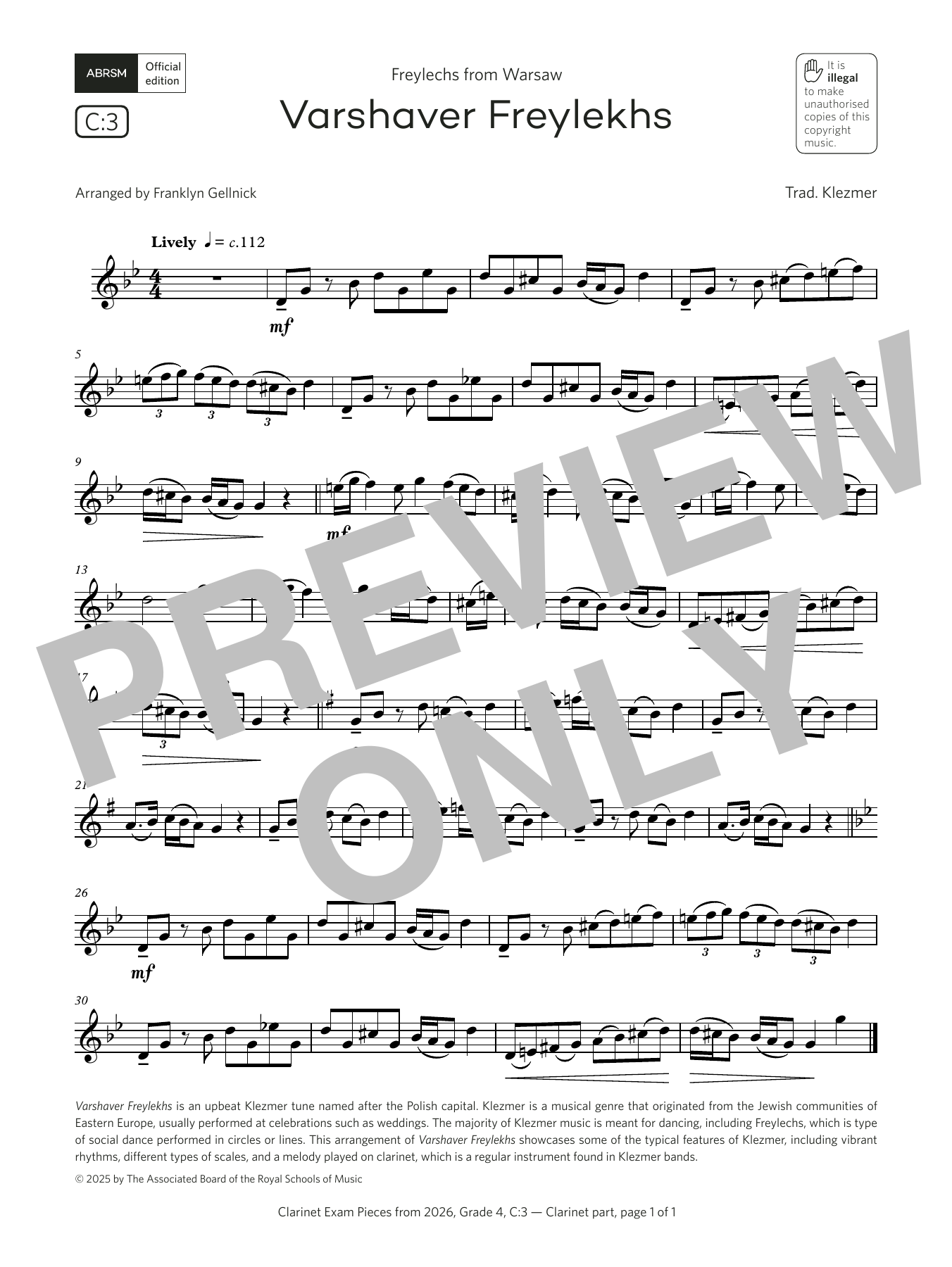 Product gallery: Page 1 of 1 Varshaver Freylekhs (Grade 4, list C3, from the ABRSM Clarinet Syllabus from 2026), Trad. Klezmer