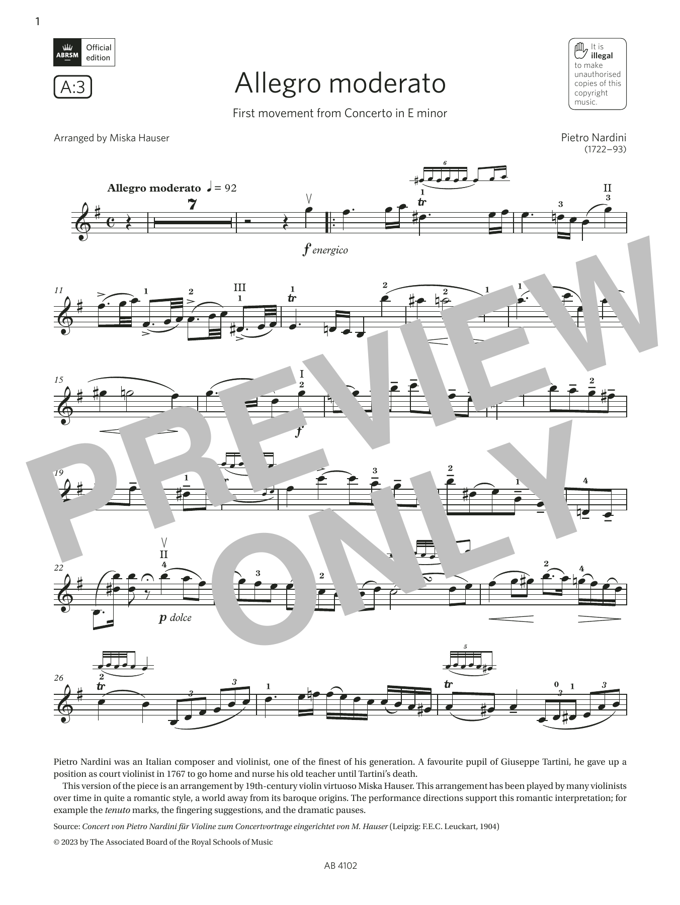 Product gallery: Page 1 of 1 Allegro moderato (Grade 8, A3, from the ABRSM Violin Syllabus from 2024), Pietro Nardini