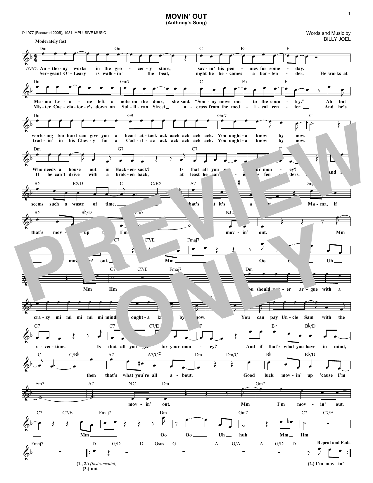 Produktbild zu: Movin' Out (Anthony's Song)