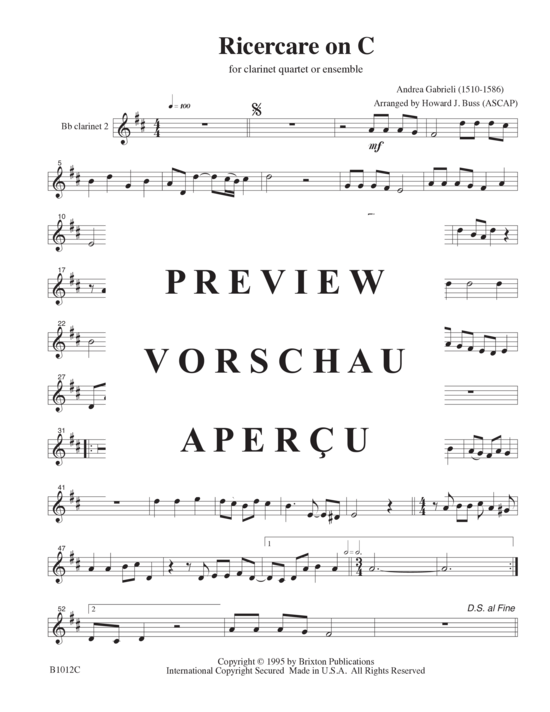 Produktgalerie: Seite 9 von 11 Ricercare on C, , (4 Klarinetten (3 Klarinetten in B und eine Bassklarinette))