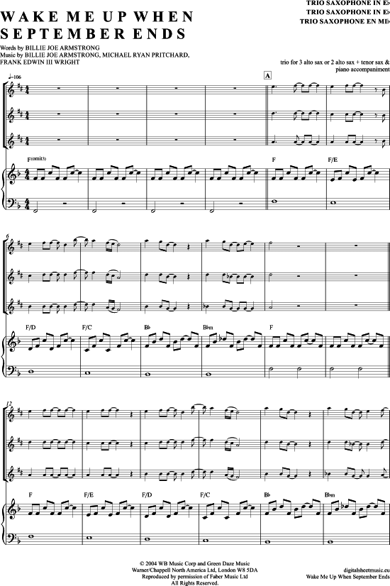 Product picture to: Wake Me Up When September Ends (Saxophon Trio AAA(T) Green Day