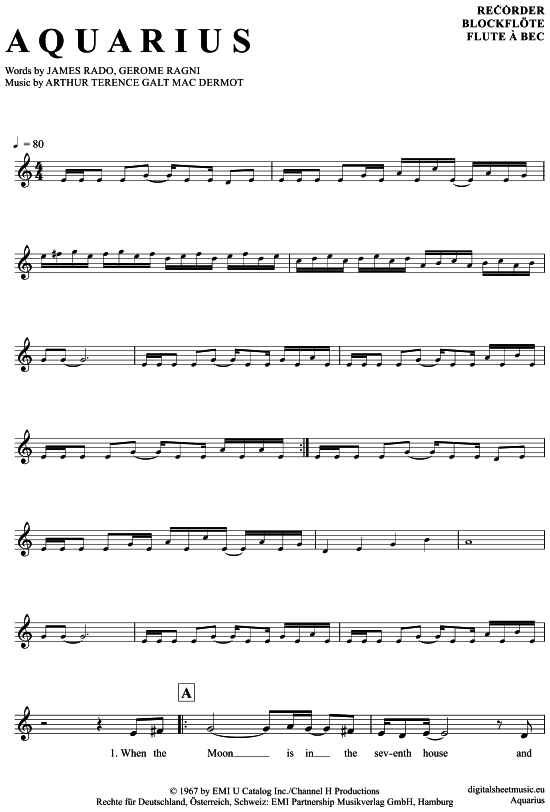 Product gallery: Page 1 of 4 Aquarius , Hair (Musical), (recorder)