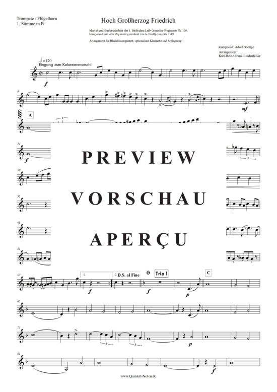 Produktgalerie: Seite 6 von 21 Hoch! Großherzog Friedrich , Blasorchester Fatamo, (Blechbläser Quintett - flexible Besetzung + Schlagzeug)