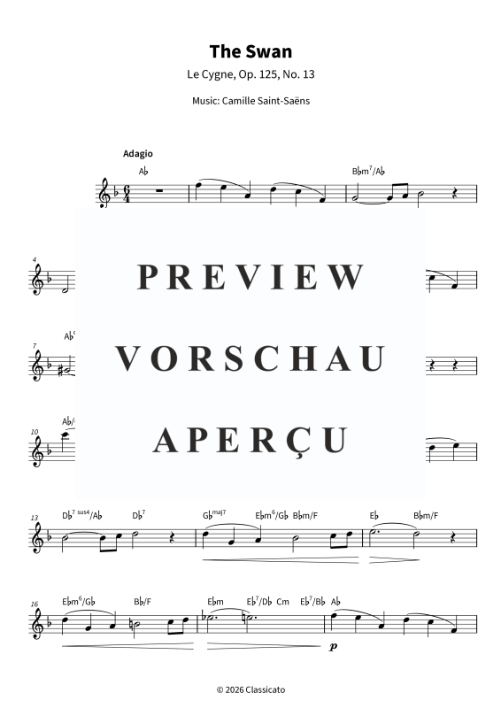 Product gallery: Page 5 of 6 The Swan - Simplified Version from The Carnival of the Animals, No. 13, , Alto Saxophone In E Flat Solo and Chords - Leadsheet