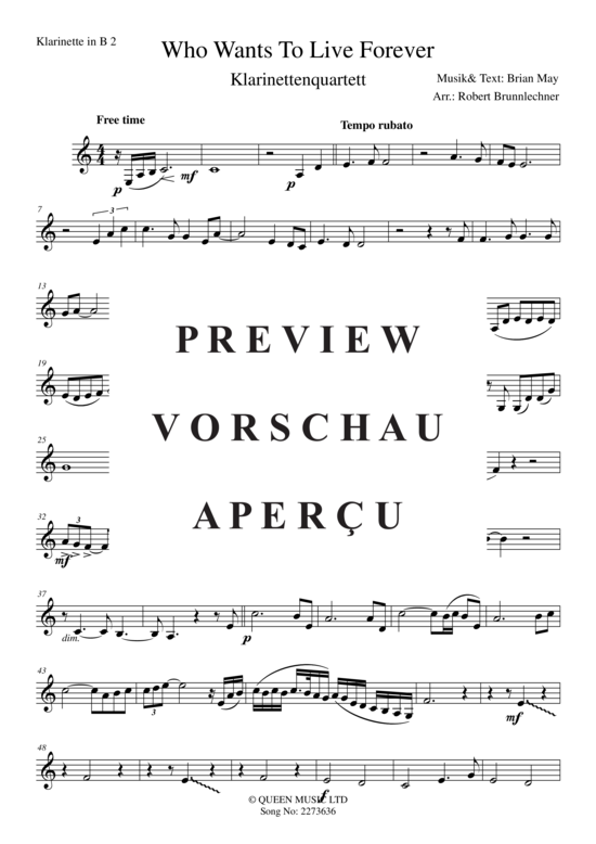 Produktgalerie: Seite 10 von 17 Who Wants To Live Forever , Queen, (Klarinetten Quartett)