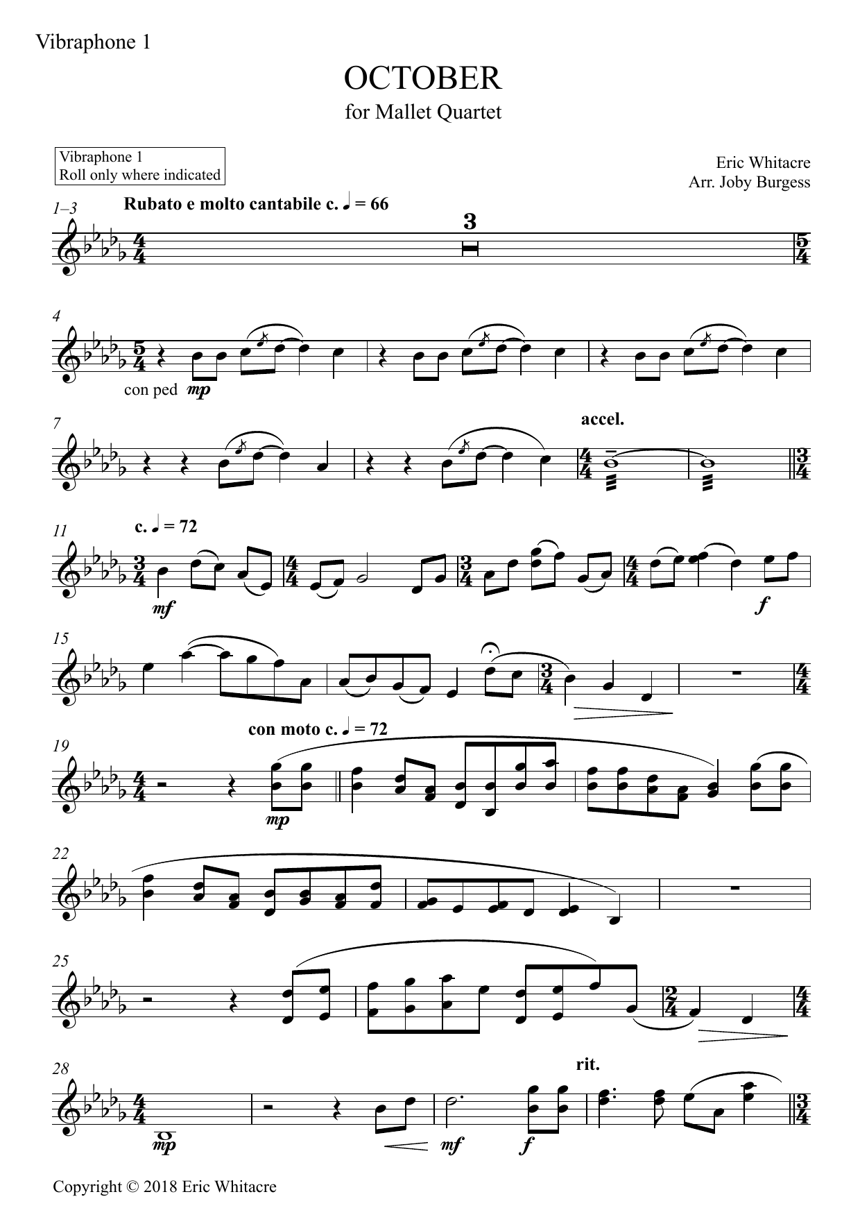 Produktgalerie: Seite 1 von 1 October (Alleluia) for Mallet Quartet (arr. Joby Burgess) - Vibraphone 1, Eric Whitacre, Percussion