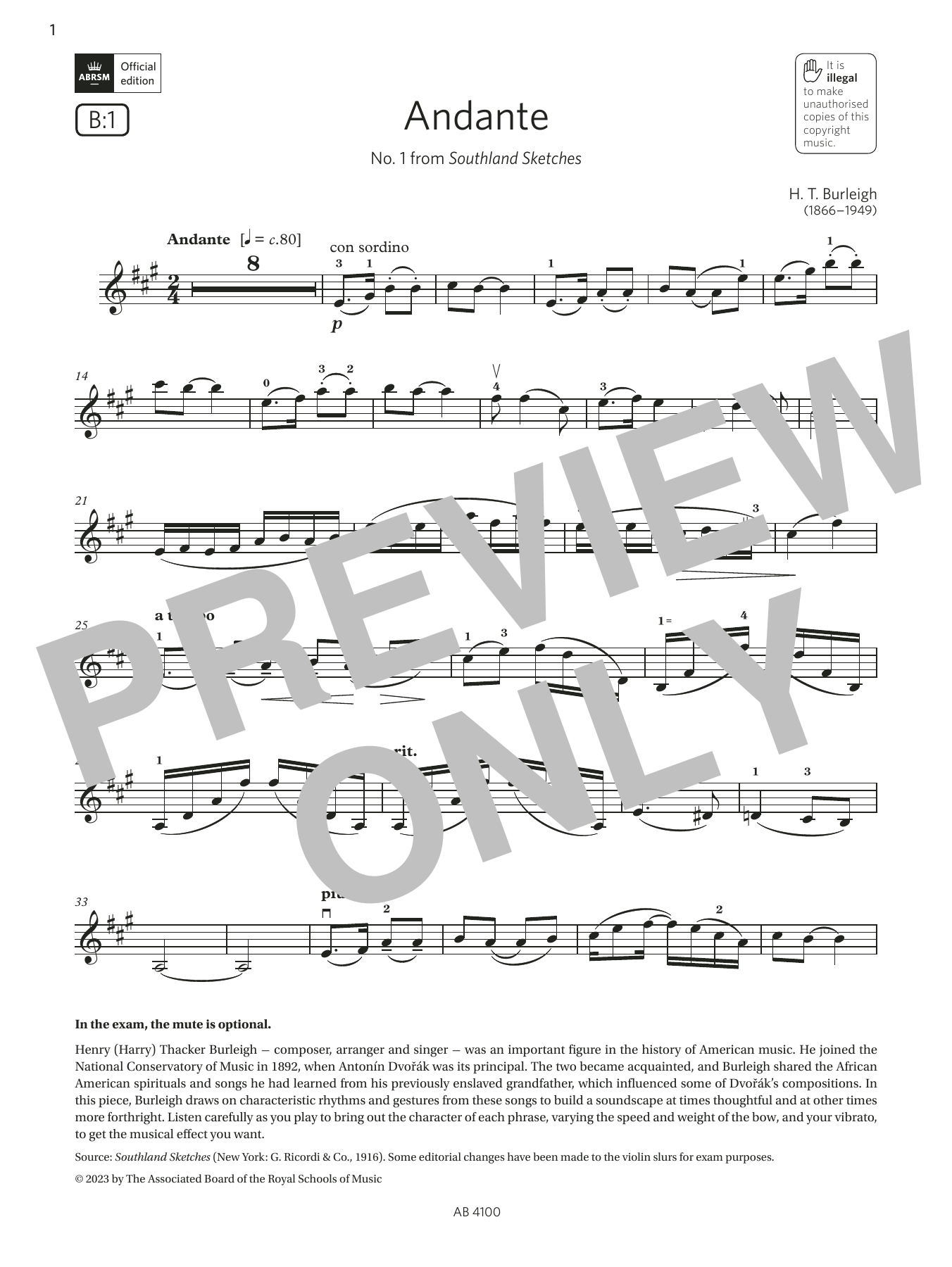 Produktbild zu:  Andante (Grade 6, B1, from the ABRSM Violin Syllabus from 2024) - H. T. Burleigh