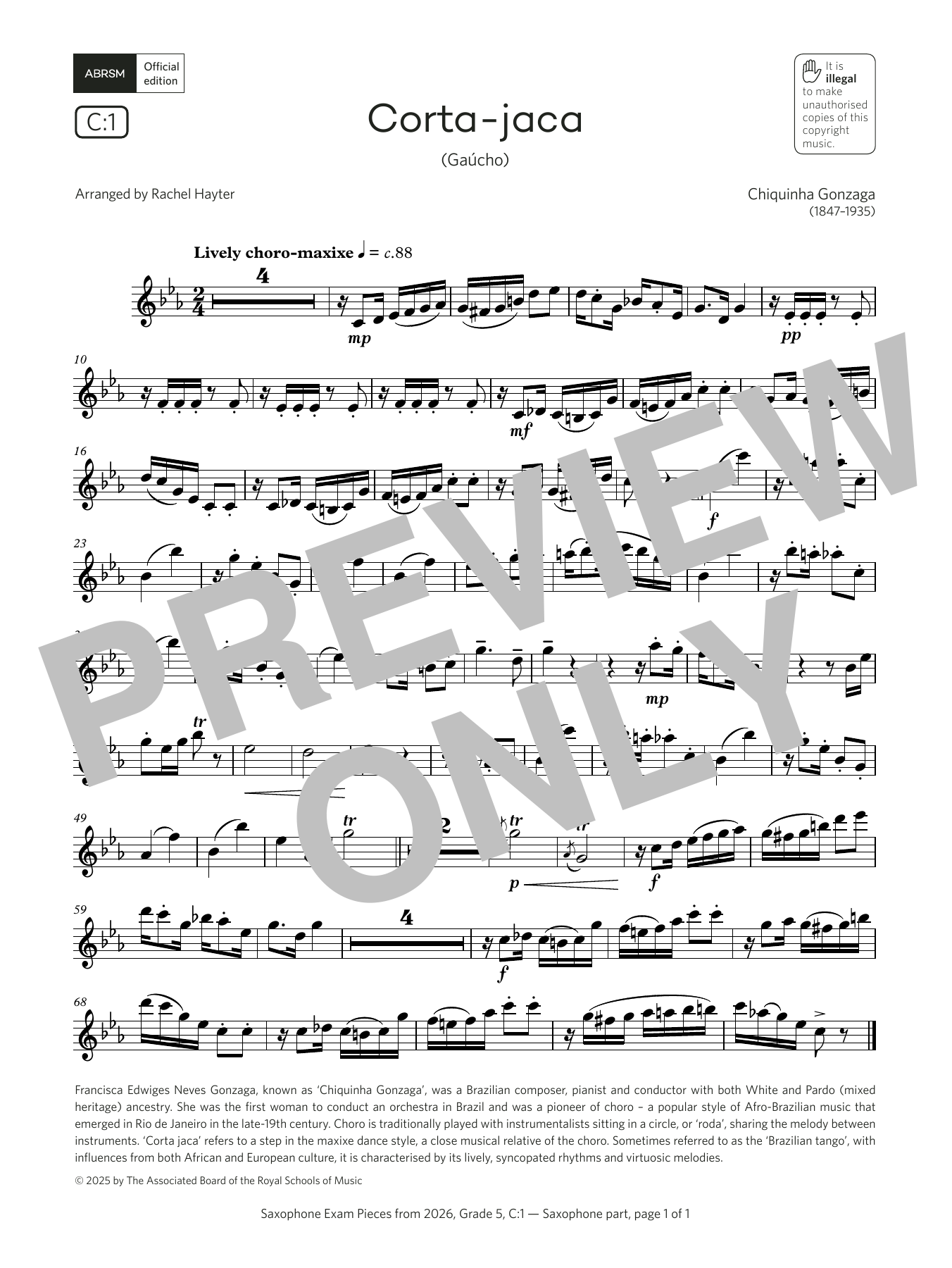 Product gallery: Page 1 of 1 Corta-jaca (Grade 5, list C1, from the ABRSM Saxophone Syllabus from 2026), Chiquinha Gonzaga