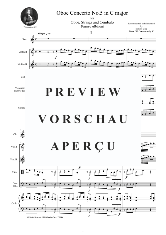 Produktgalerie: Seite 2 von 11 Concerto No.5 in C-Dur Op.9, , Oboe Solo, Streicher Ensemble und Cembalo BC