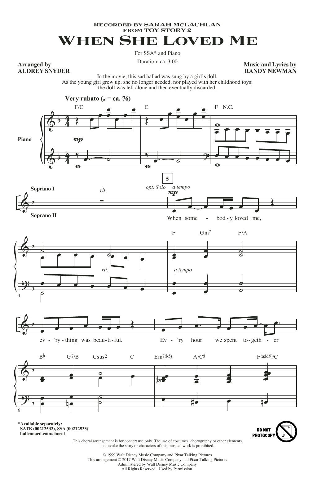 Produktgalerie: Seite 1 von 1 When She Loved Me (from Toy Story 2) (arr. Audrey Snyder), Sarah McLachlan, Chor