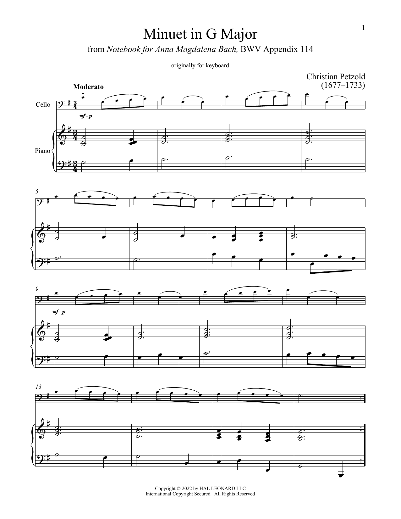 Produktgalerie: Seite 1 von 1 Minuet In G Major, BWV Anh. 114, Christian Petzold, Klavier, Violoncello