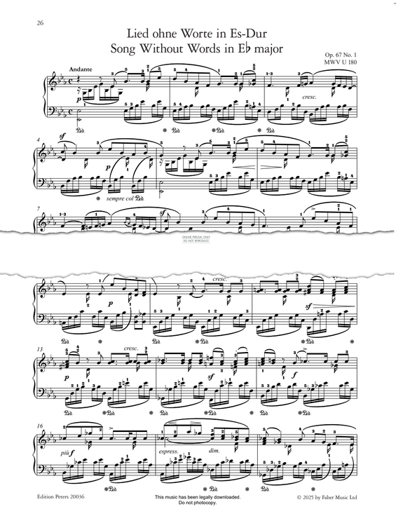Produktgalerie: Seite 1 von 1 Song Without Words in Eb Major Op.67, No.1, Felix Mendelssohn, Klavier