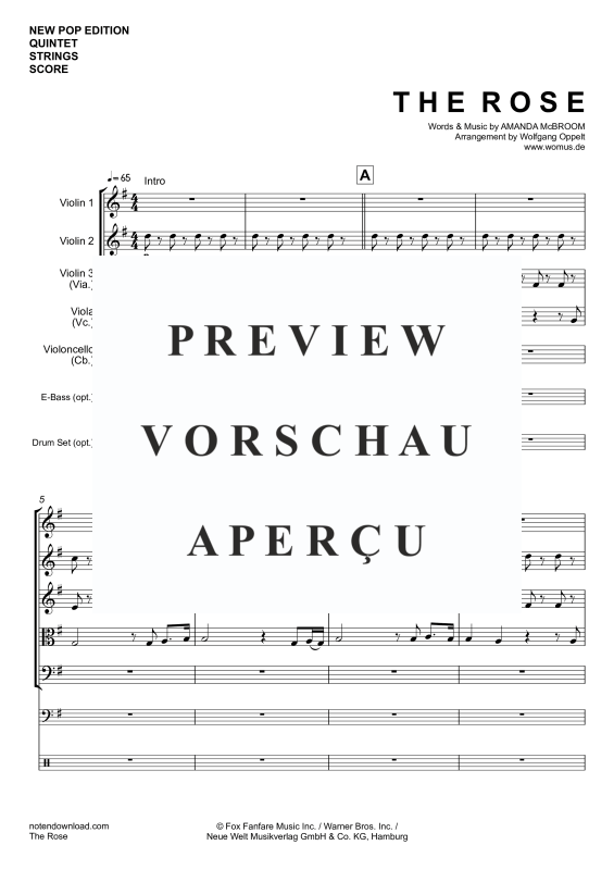 Produktgalerie: Seite 4 von 11 The Rose, Midler, Bette, Streicher Quintett/Ensemble/Band/Chor E-Bass & Drum Set opt.