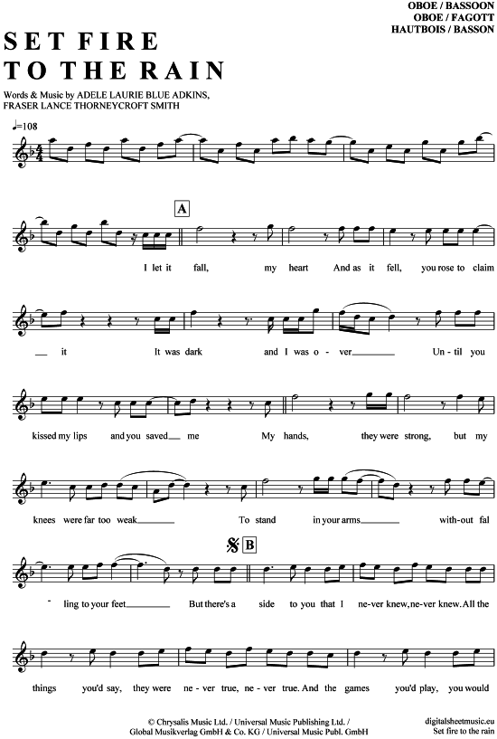 Produktgalerie: Seite 1 von 4 Set fire to the rain , Adele, (Oboe)