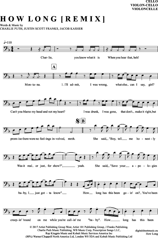 Produktgalerie: Seite 1 von 4 How Long , Puth, Charlie, (Violon-Cello)