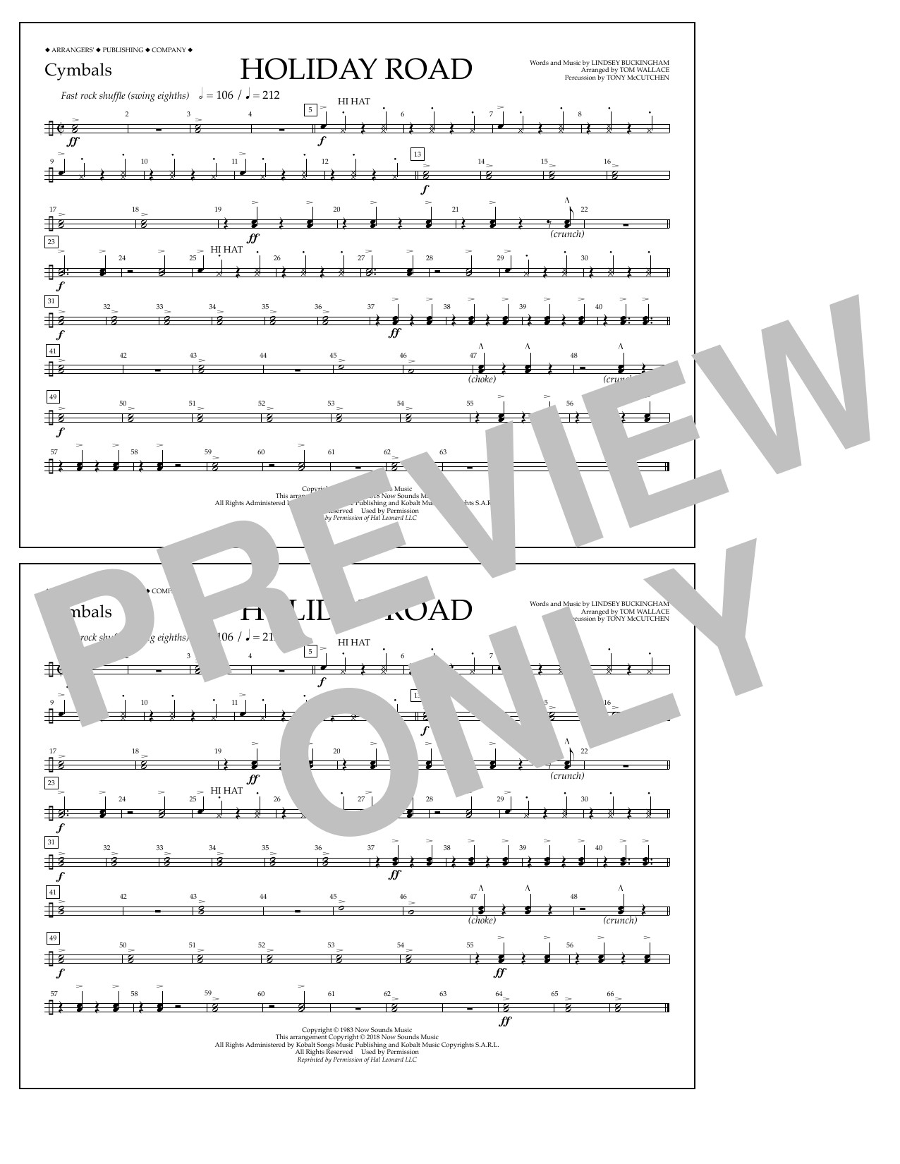 Product gallery: Page 1 of 1 Holiday Road (from National Lampoon's Vacation) (arr. Tom Wallace) - Cymbals, Lindsey Buckingham