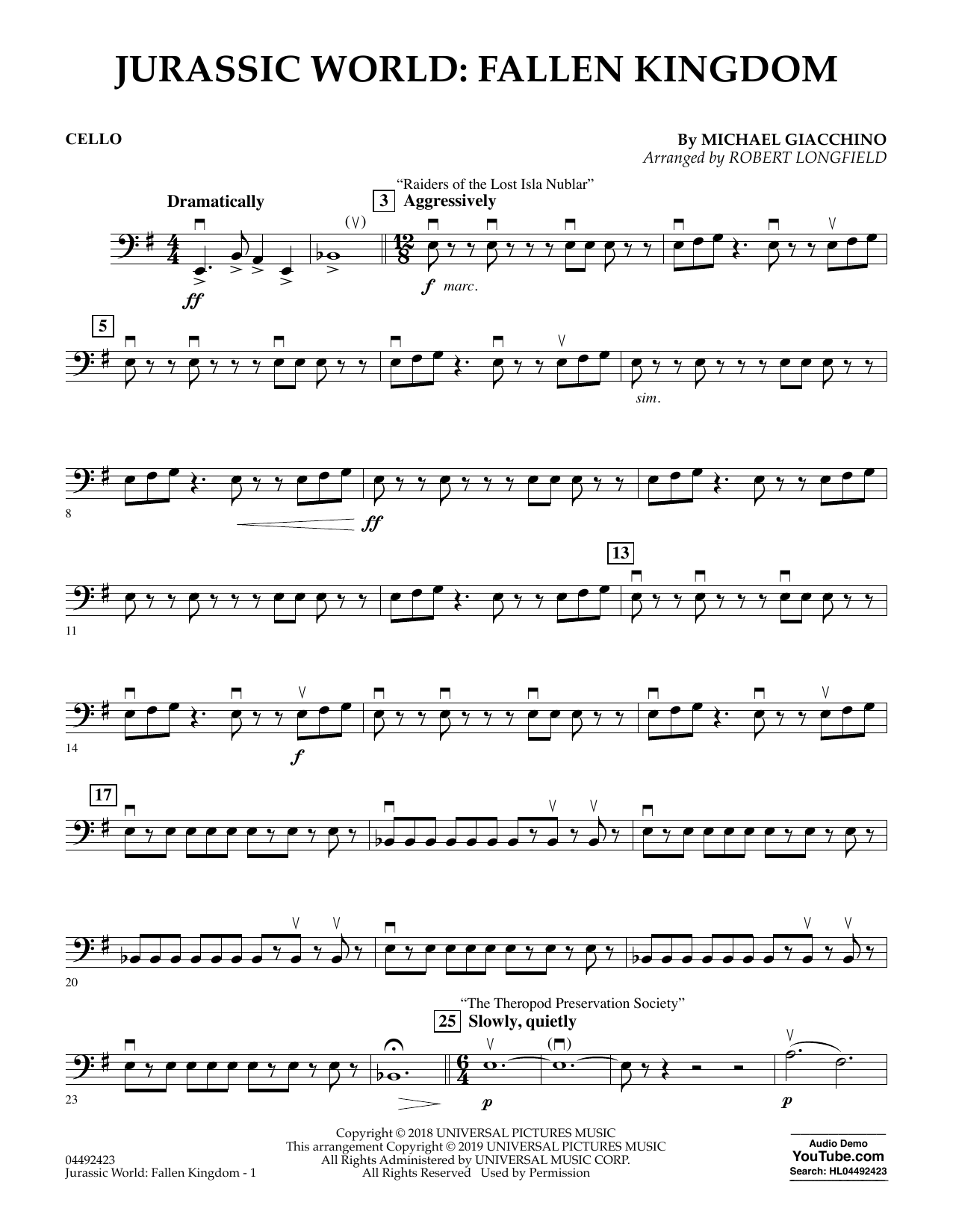 Product picture to: Jurassic World: Fallen Kingdom (arr. Robert Longfield) - Cello