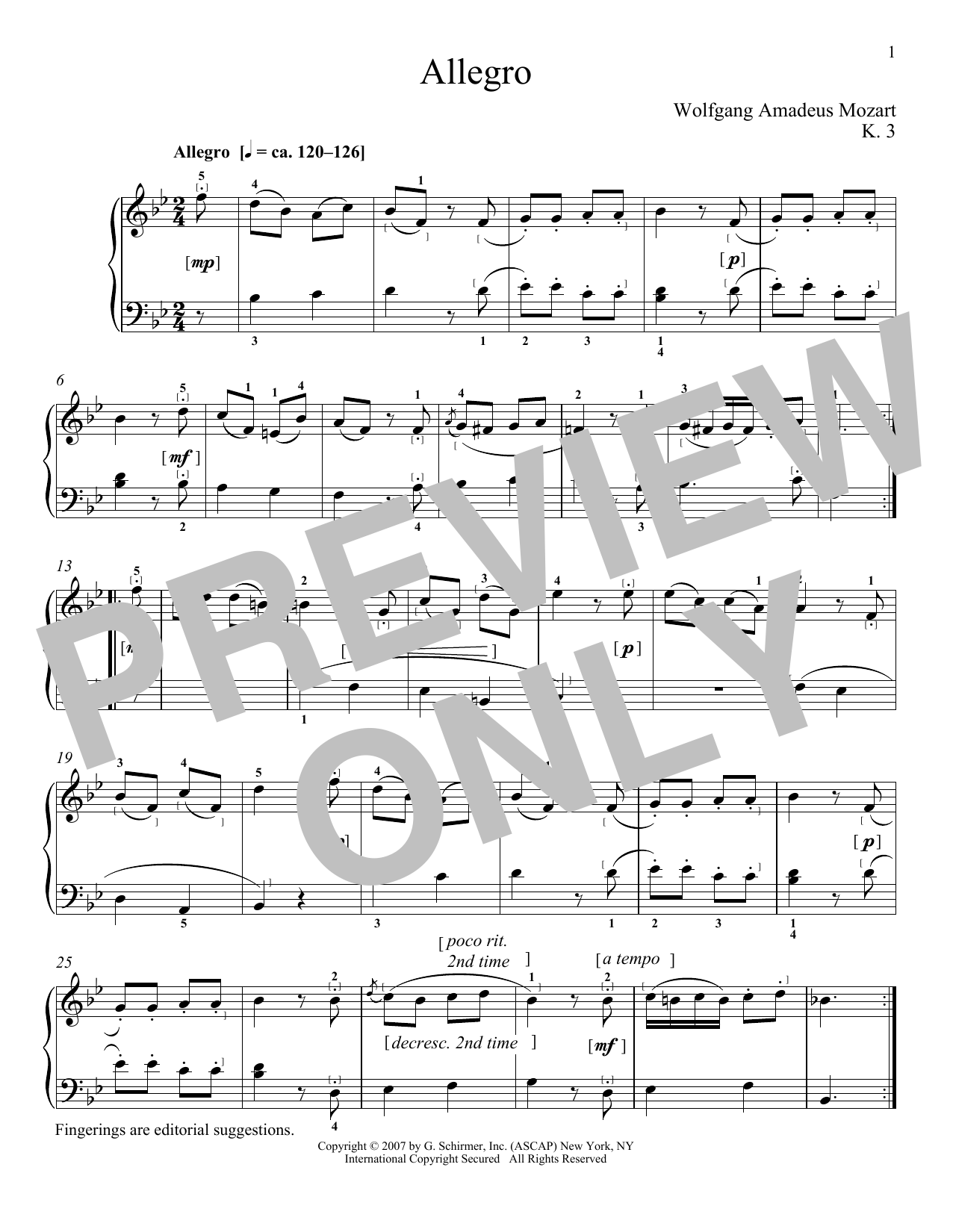 Product picture to: Allegro In B Flat Major, K. 3