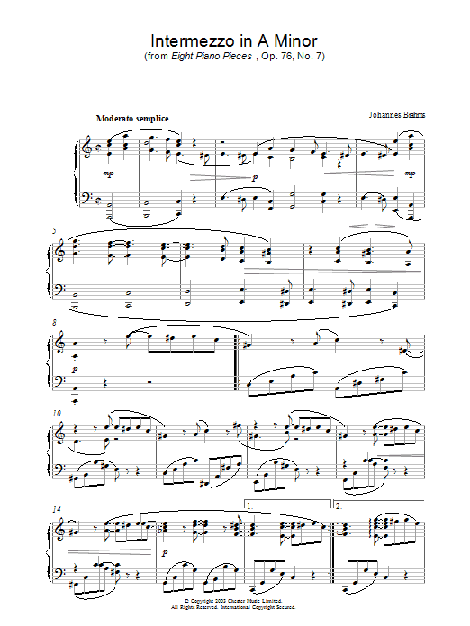 Product gallery: Page 1 of 1 Intermezzo in A Minor (from Eight Piano Pieces, Op. 76, No. 7), Johannes Brahms