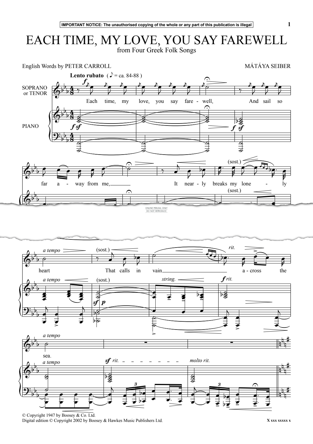 Produktgalerie: Seite 1 von 1 Each Time, My Love, You Say Farewell from 'Four Greek Folk Songs', Mátyás Seiber, Gesang, Klavier