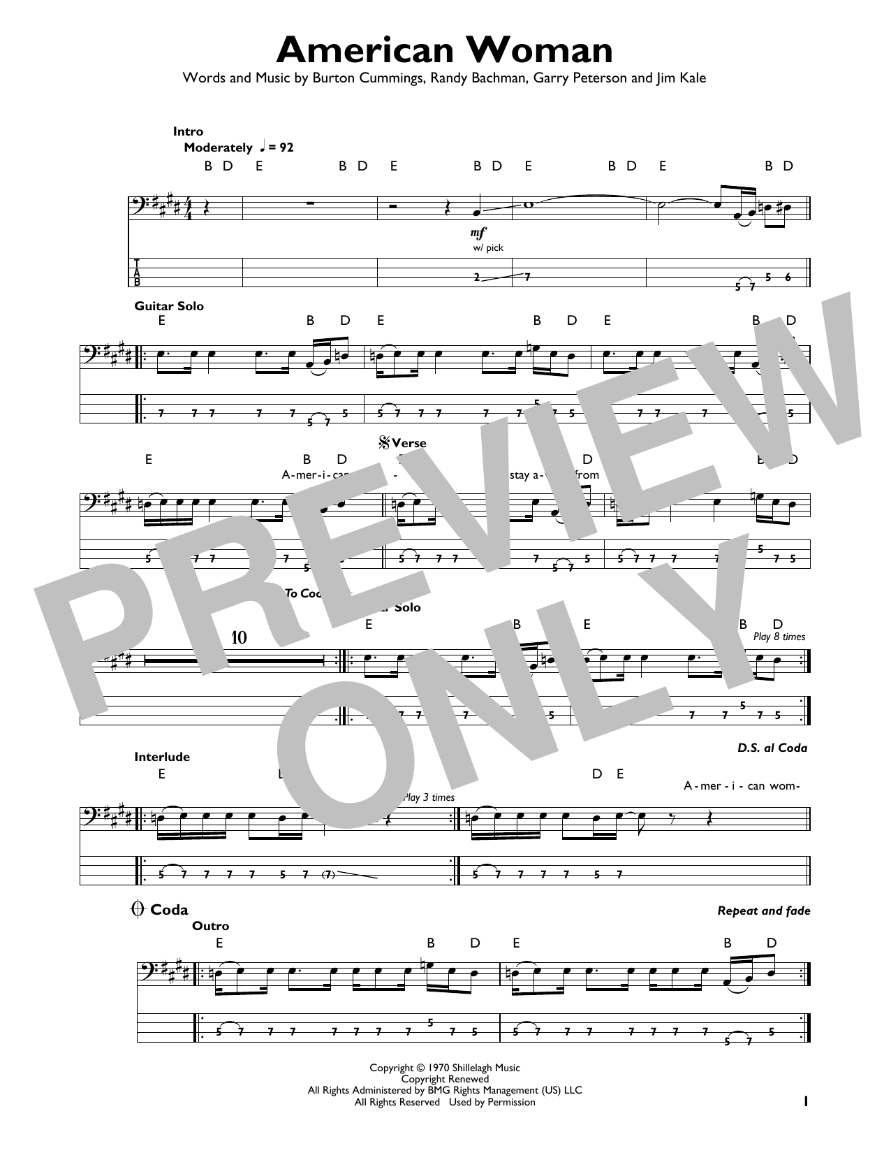 Produktgalerie: Seite 1 von 1 American Woman, The Guess Who, E-Bass, Gitarre