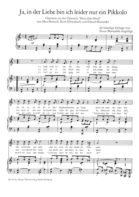 Product picture to: Ja, in der Liebe bin ich leider nur ein Pikkolo  Chanson aus der Opertte Herz über Bord (1935)