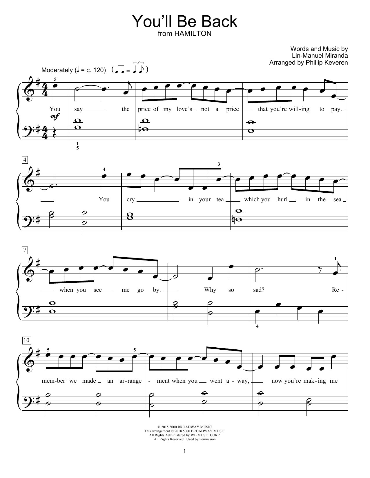 Product picture to: You'll Be Back (from Hamilton) (arr. Phillip Keveren)