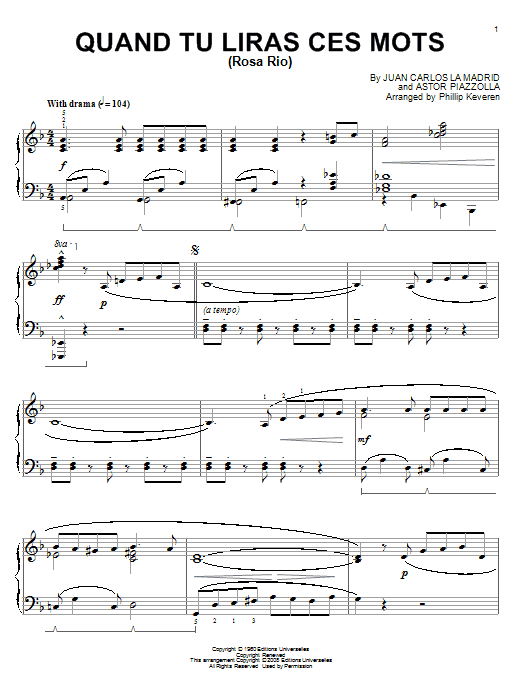 Product gallery: Page 1 of 1 Quand tu liras ces mots (Rosa Rio) (arr. Phillip Keveren), Astor Piazzolla