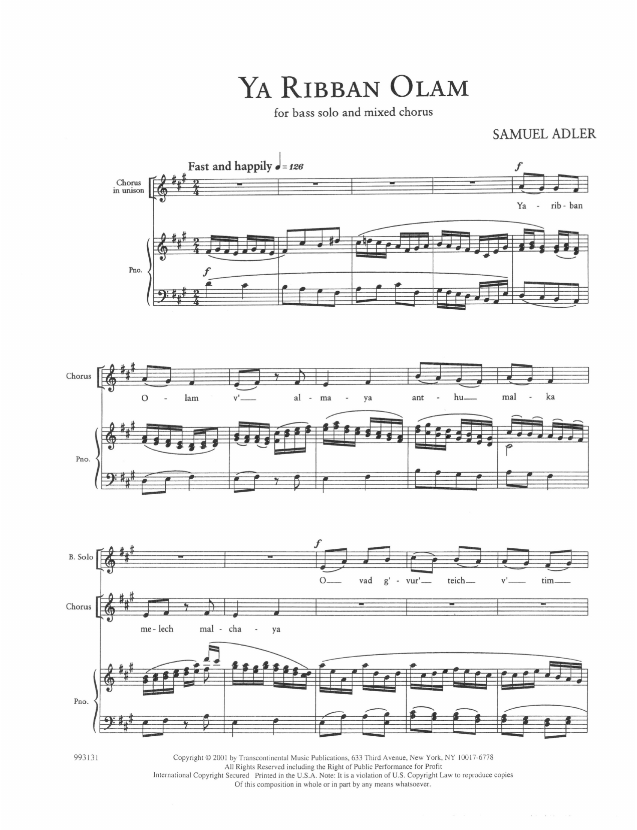 Product gallery: Page 1 of 1 Five Sephardic Choruses: Ya Ribban Olam, Samuel Adler