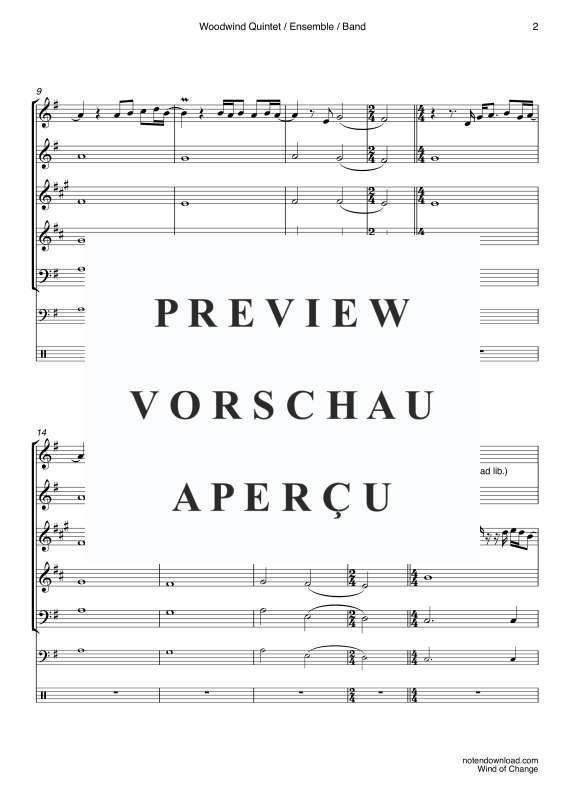 Product gallery: Page 5 of 11 Wind of Change, Scorpions, Woodwind Quintet/Ensemble/Band – Electric Bass and Drum Set (Optional)","Detected_source_language":"De