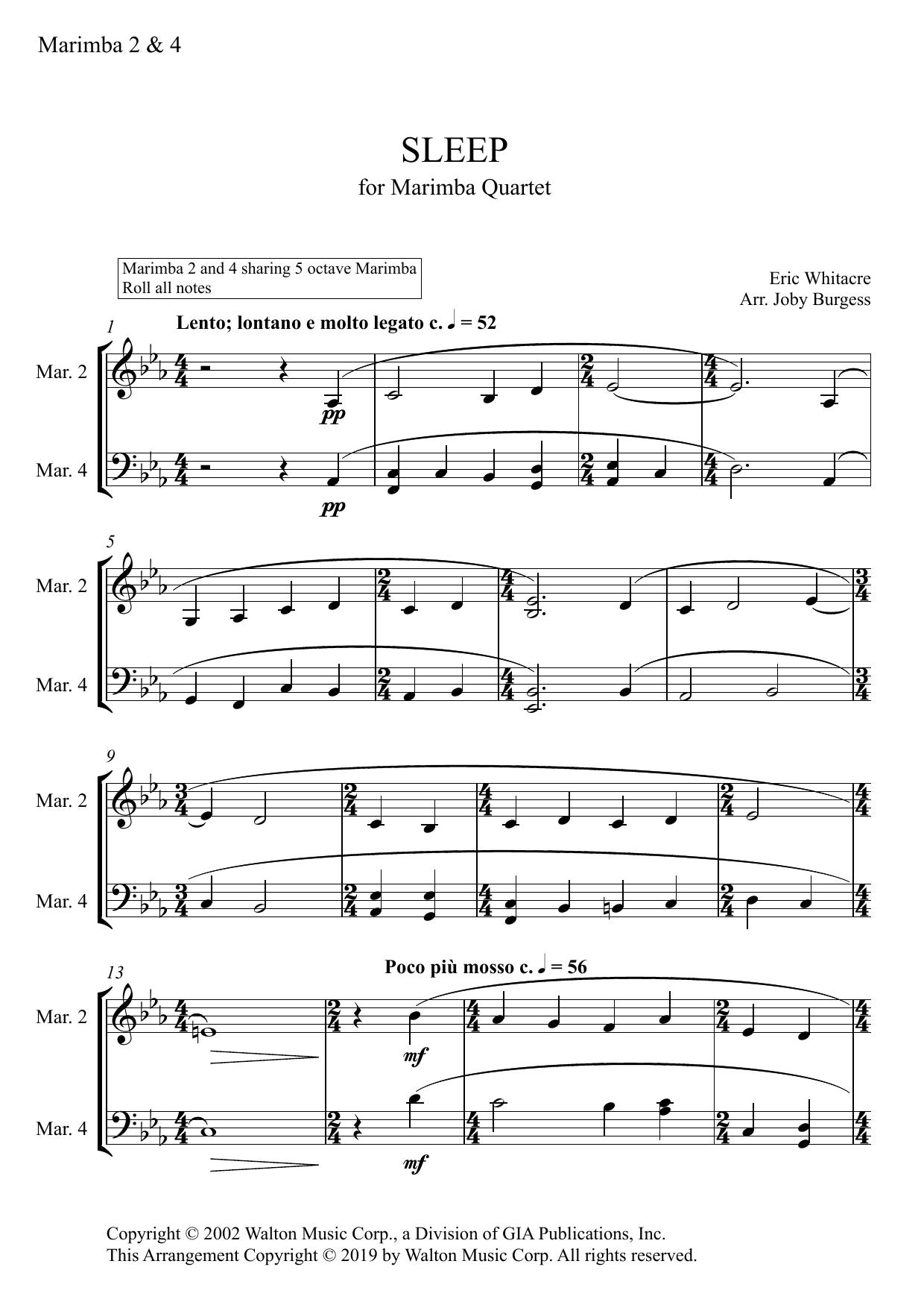 Produktgalerie: Seite 1 von 1 Sleep for Marimba Quartet (arr. Joby Burgess) - MARIMBA 2 & 4, Eric Whitacre, Percussion