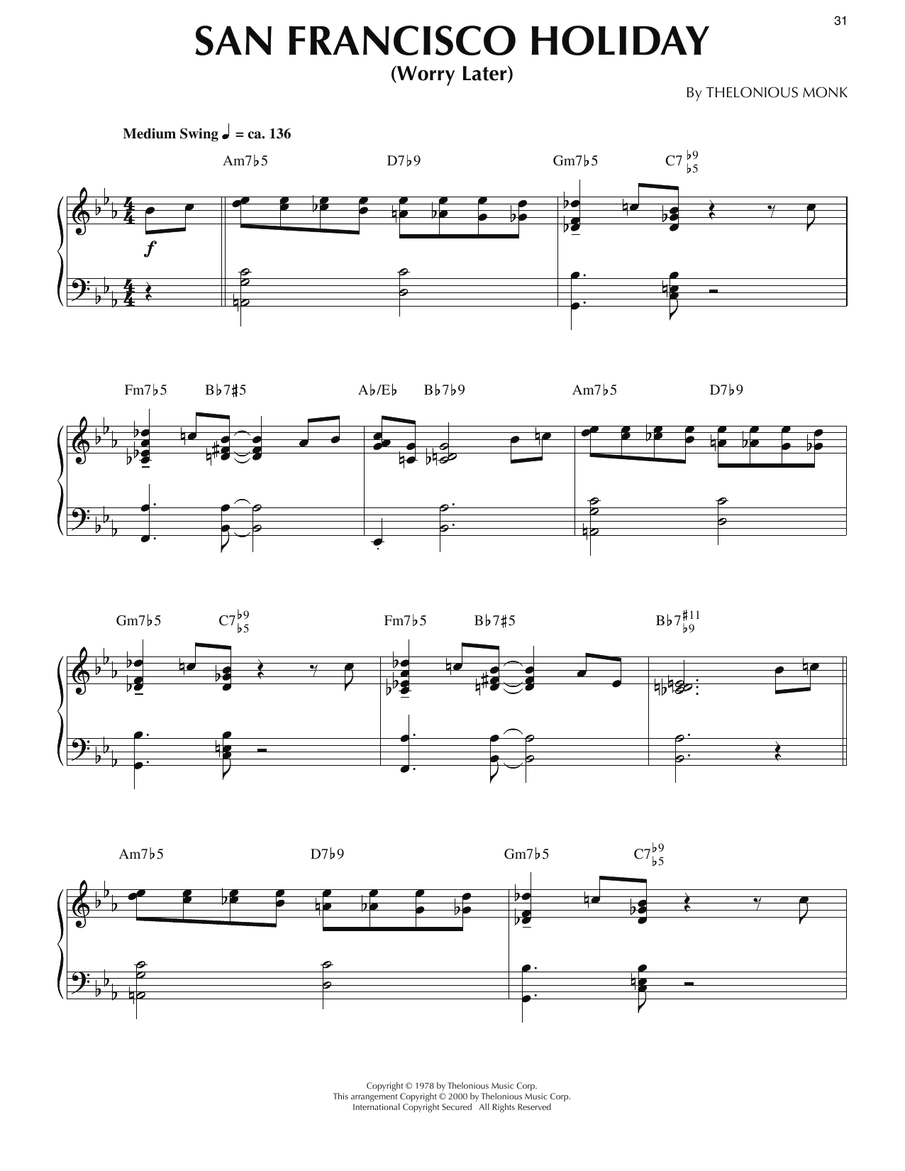 Produktgalerie: Seite 1 von 1 San Francisco Holiday (Worry Later) (arr. Ronnie Mathews), Thelonious Monk, Klavier