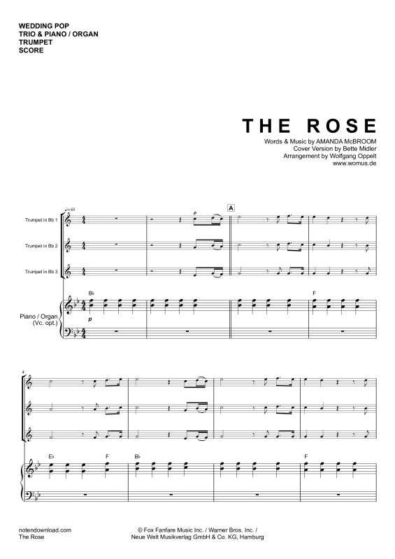 Product gallery: Page 1 of 11 The Rose, Midler, Bette, Trio For 3 Trumpets In Key, Piano/Organ, Cello (Optional) - Single Version