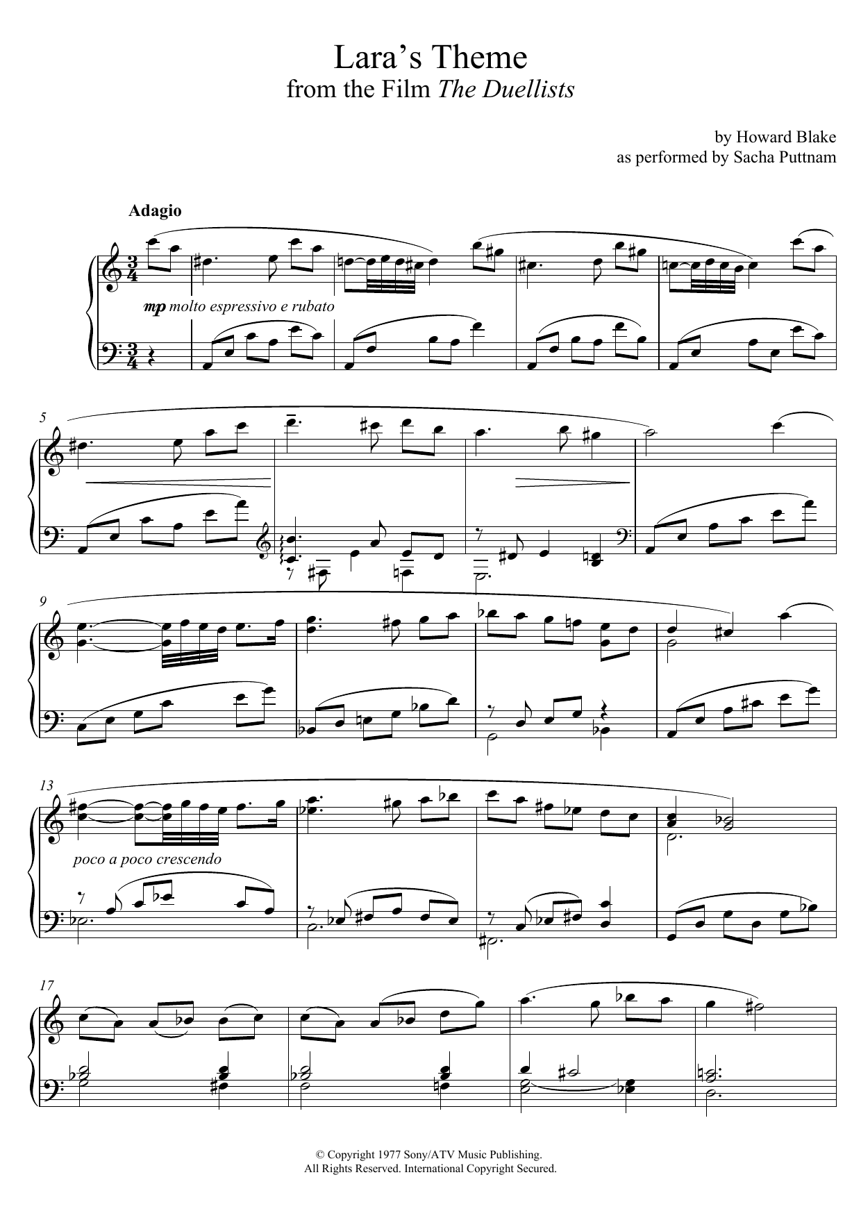 Produktbild zu: Lara's Theme (From The Duellists) (as performed by Sacha Puttnam)