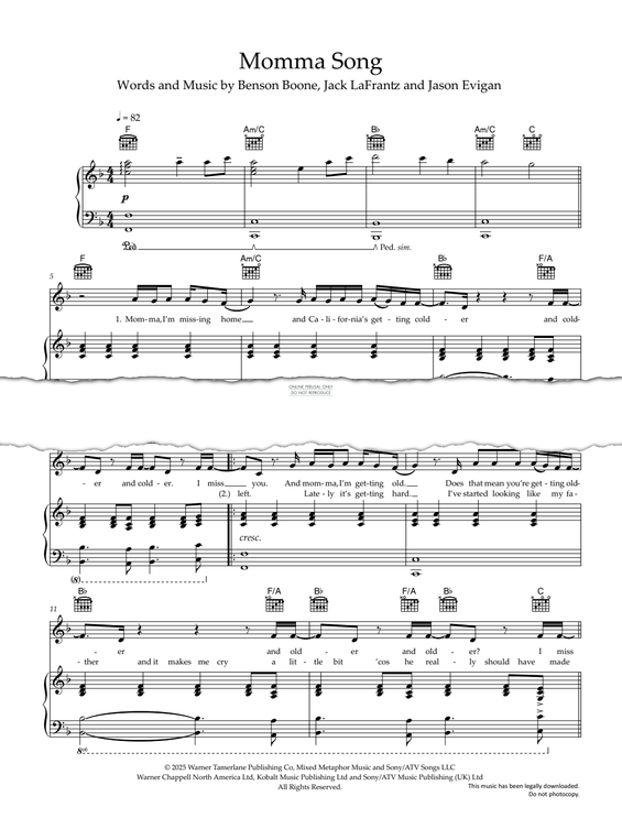 Produktgalerie: Seite 1 von 1 Momma Song, Benson Boone, Gesang, Gitarre, Klavier