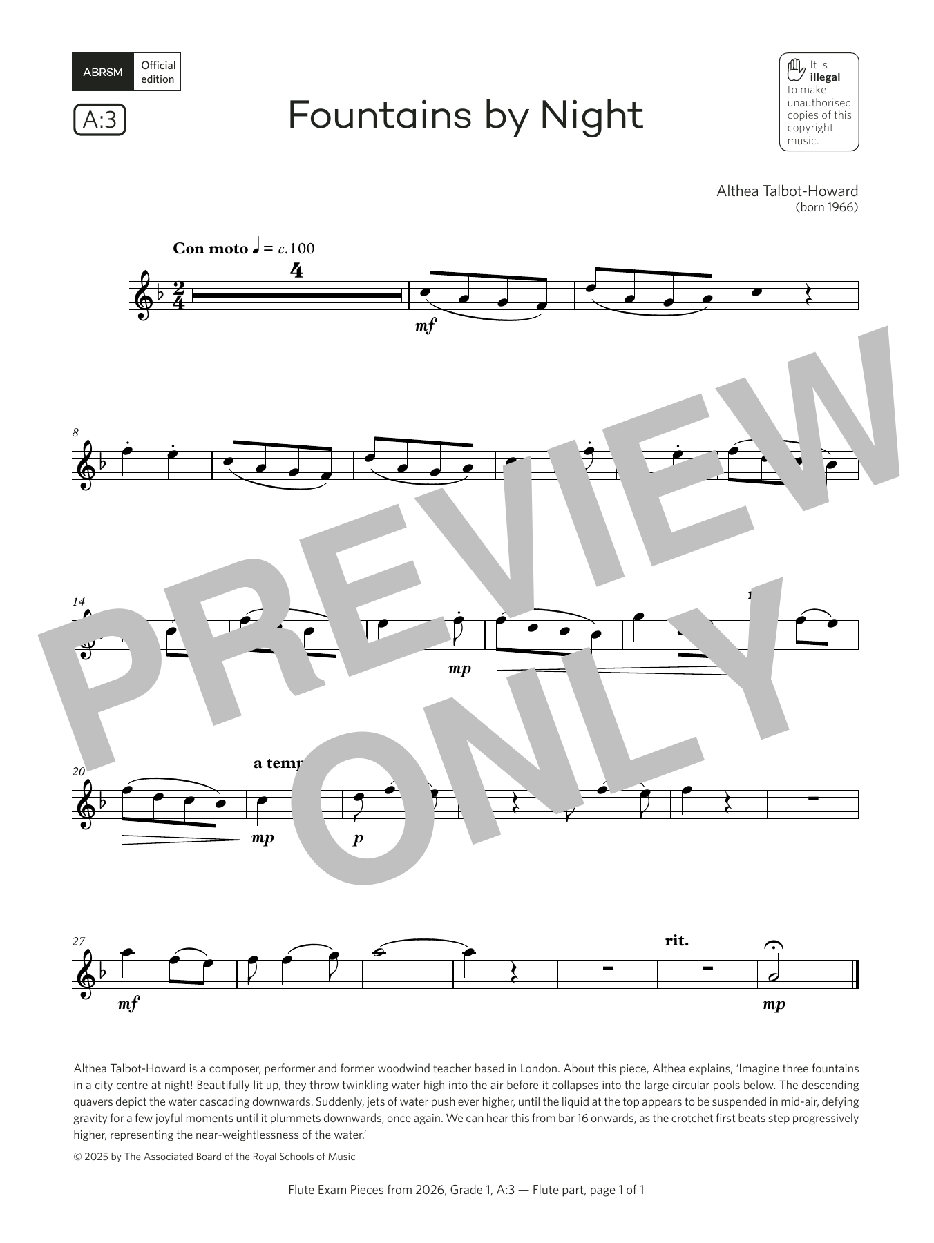 Product gallery: Page 1 of 1 Fountains by Night (Grade 1, list A3, from the ABRSM Flute Syllabus from 2026), Althea Talbot-Howard