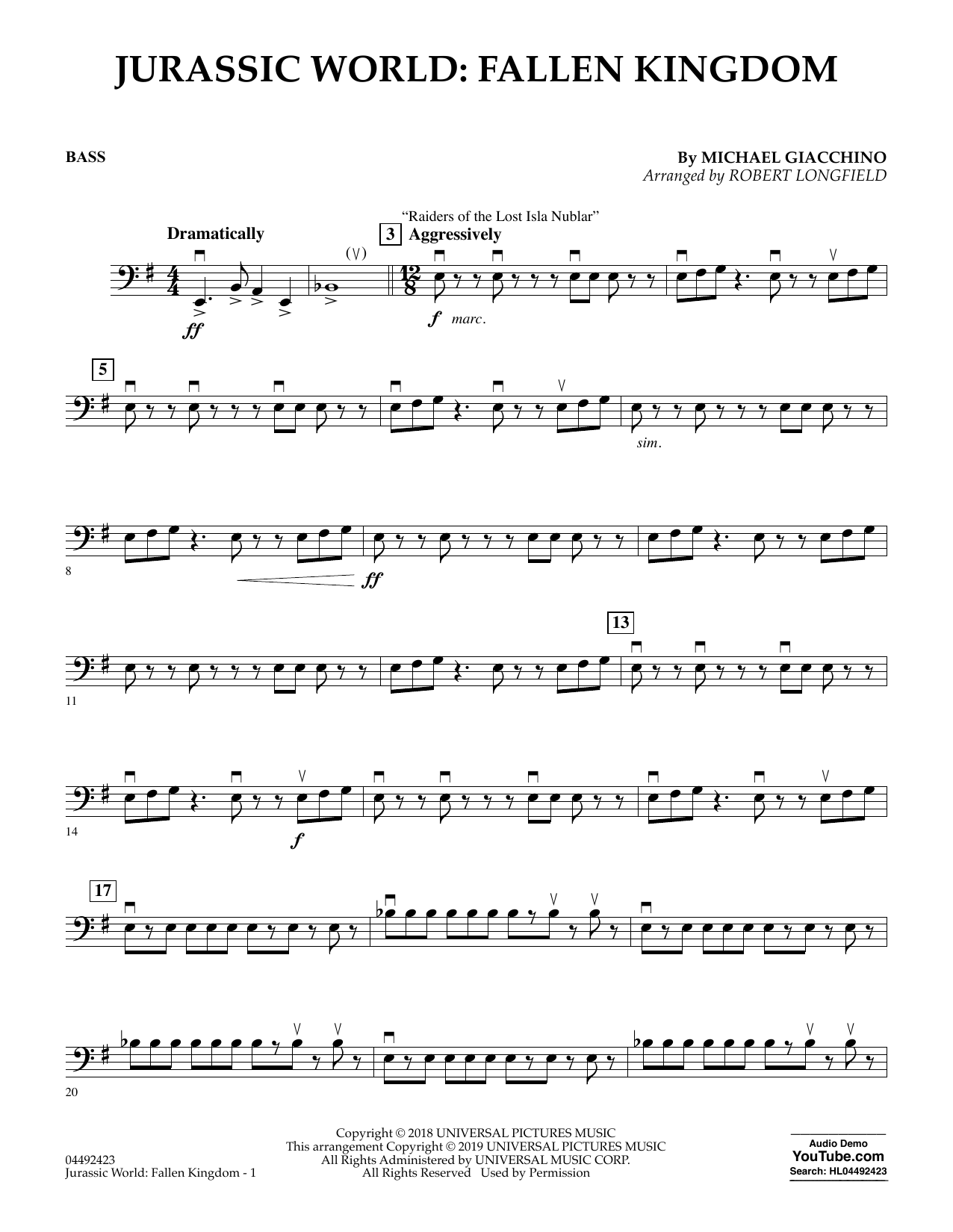 Product picture to: Jurassic World: Fallen Kingdom (arr. Robert Longfield) - Bass