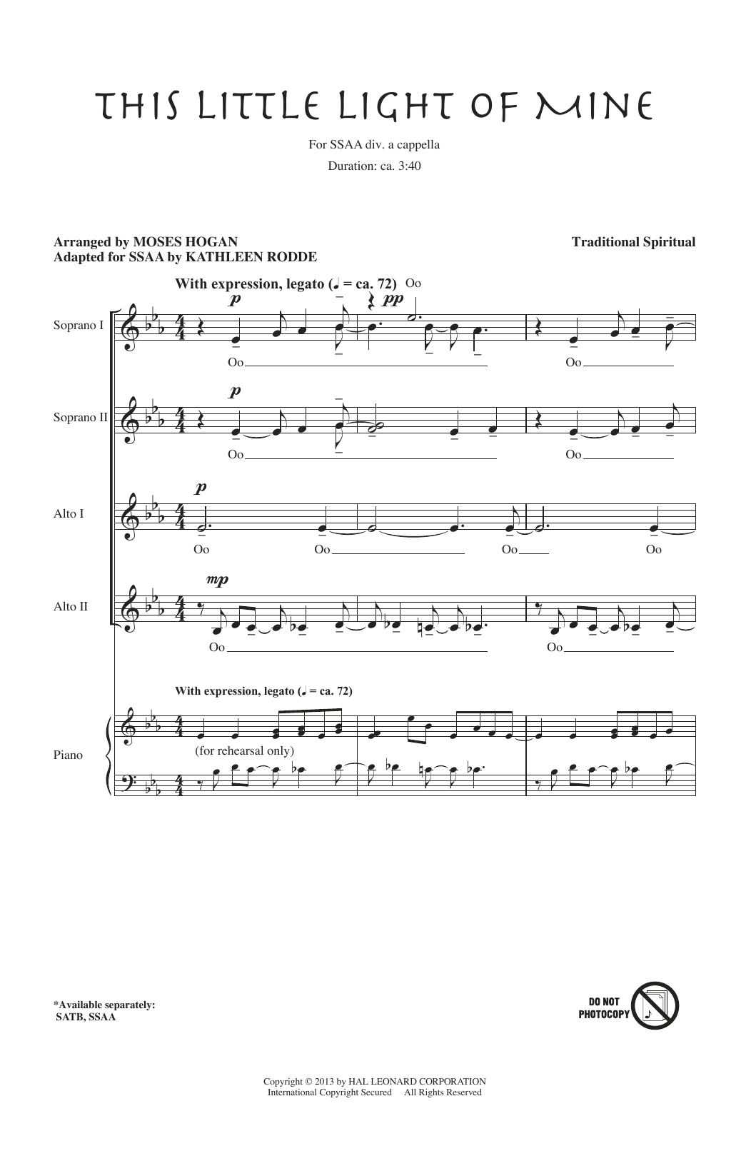Product gallery: Page 1 of 1 This Little Light Of Mine (arr. Moses Hogan), African-American Spiritual