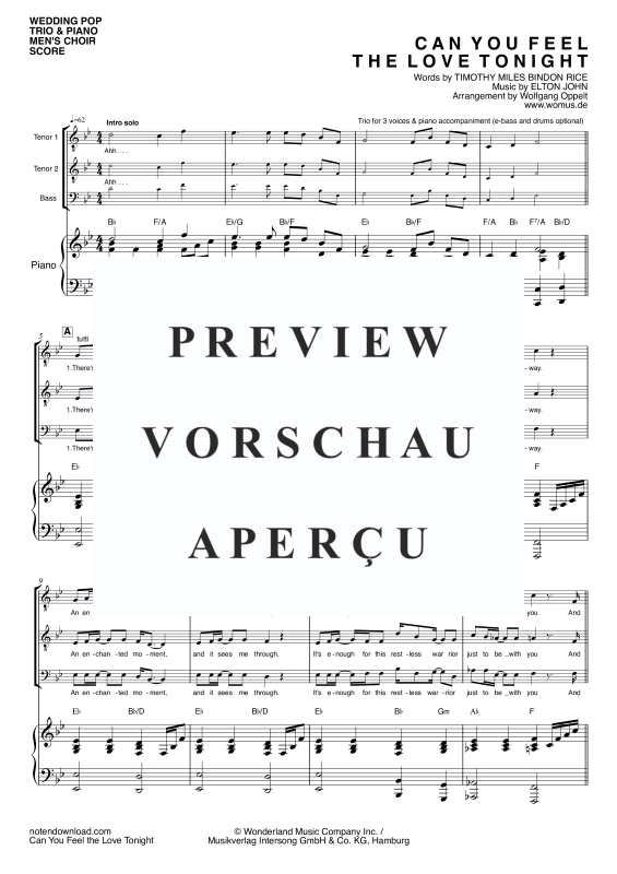 Produktgalerie: Seite 4 von 11 Can You Feel The Love Tonight, John, Elton, Männer Chor/Ensemble TTB und Klavier - E-bass & Drum Set optional