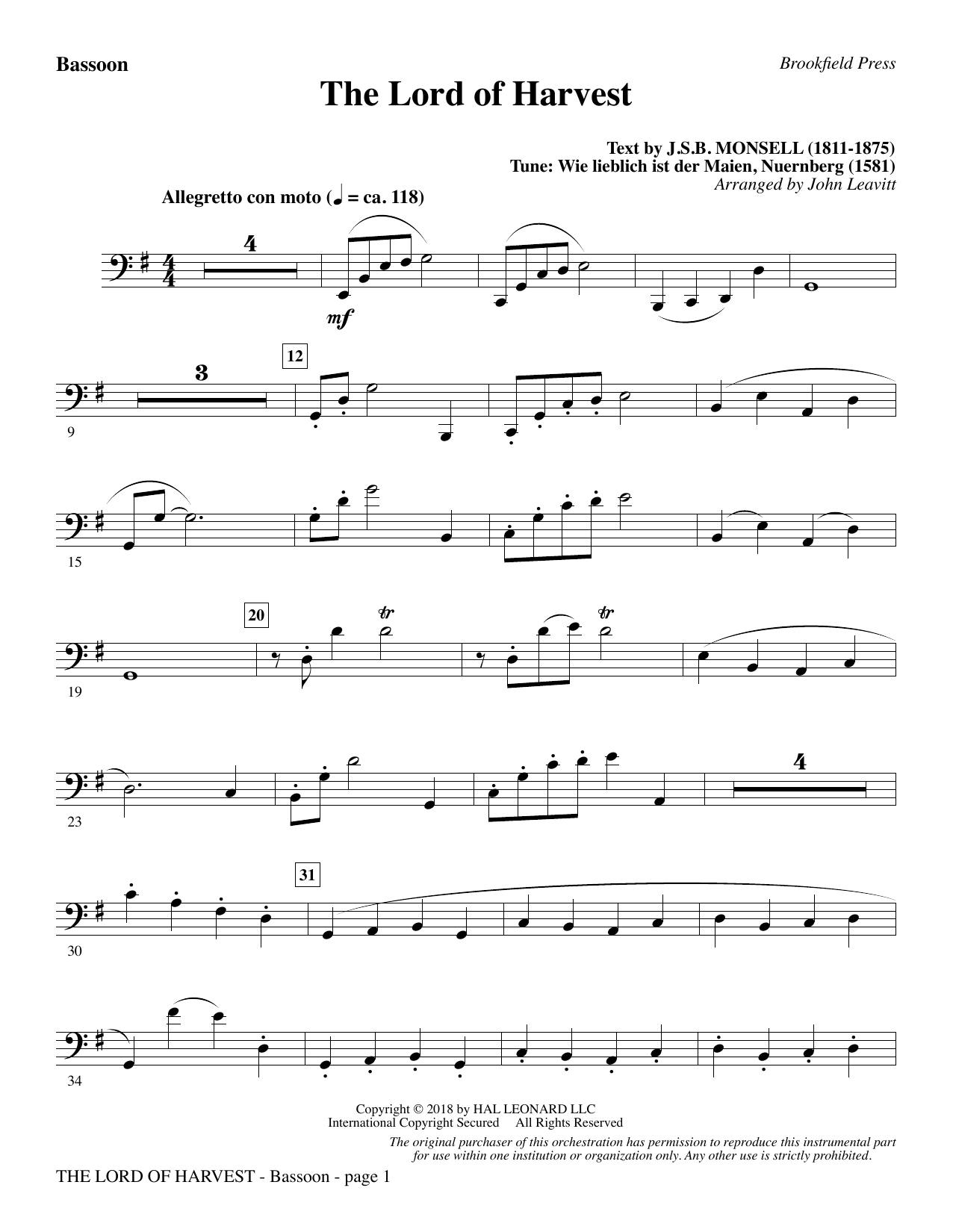Produktbild zu: The Lord of Harvest - Bassoon