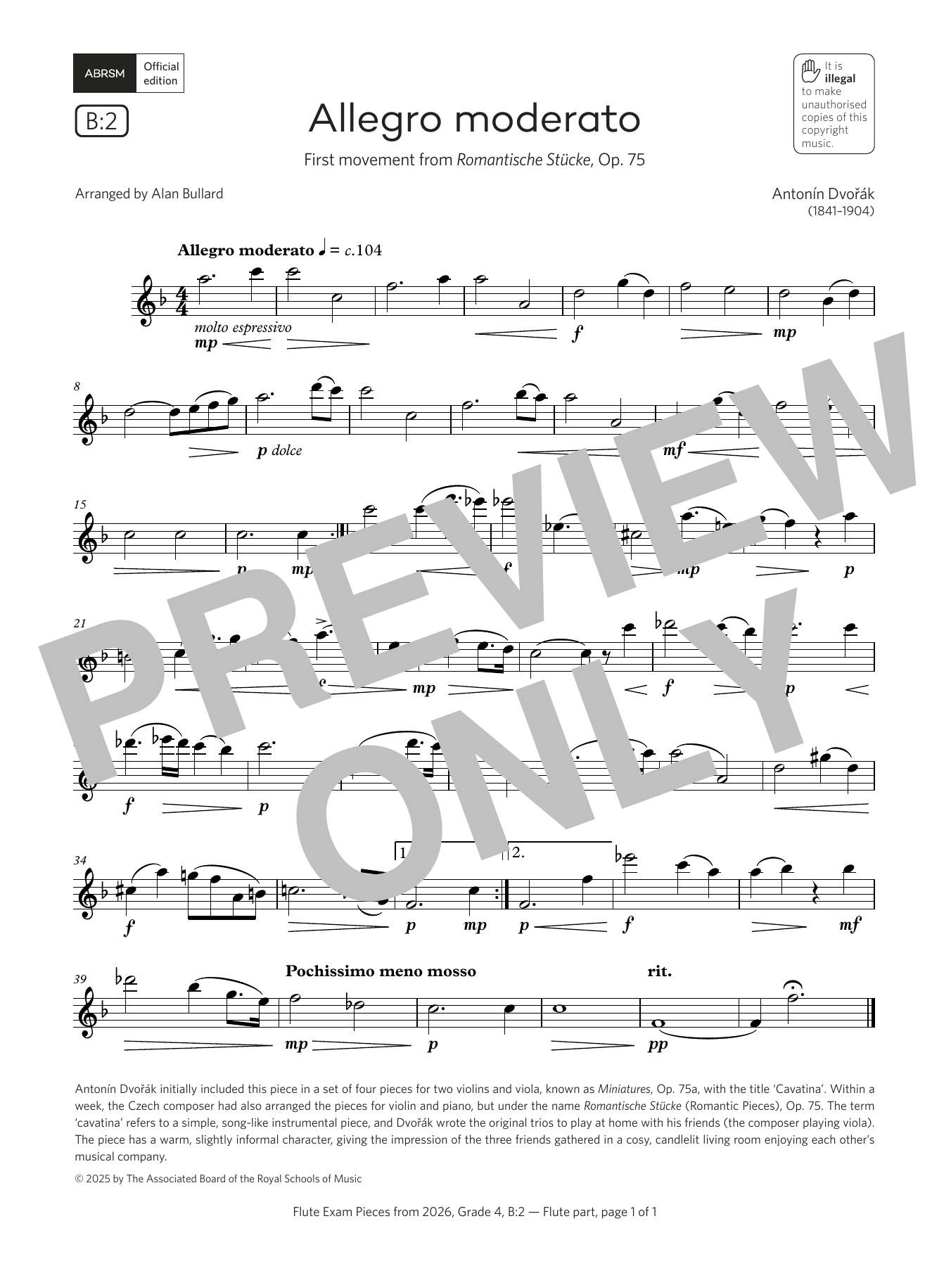 Product gallery: Page 1 of 1 Allegro moderato (Grade 4, list B2, from the ABRSM Flute Syllabus from 2026), Antonín Dvorák
