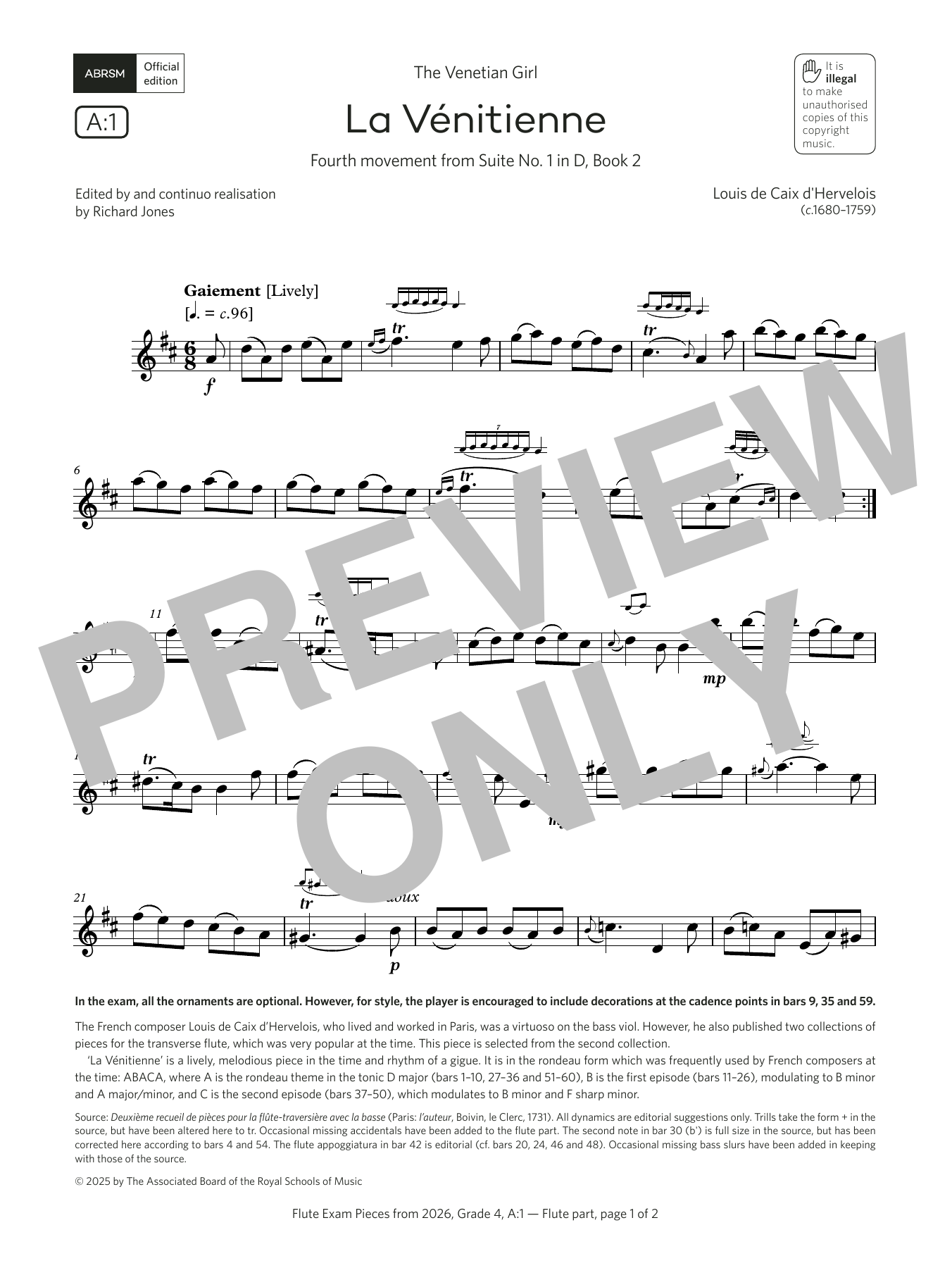 Product gallery: Page 1 of 1 La Vénitienne (Grade 4, list A1, from the ABRSM Flute Syllabus from 2026), Louis de Caix d'Hervelois