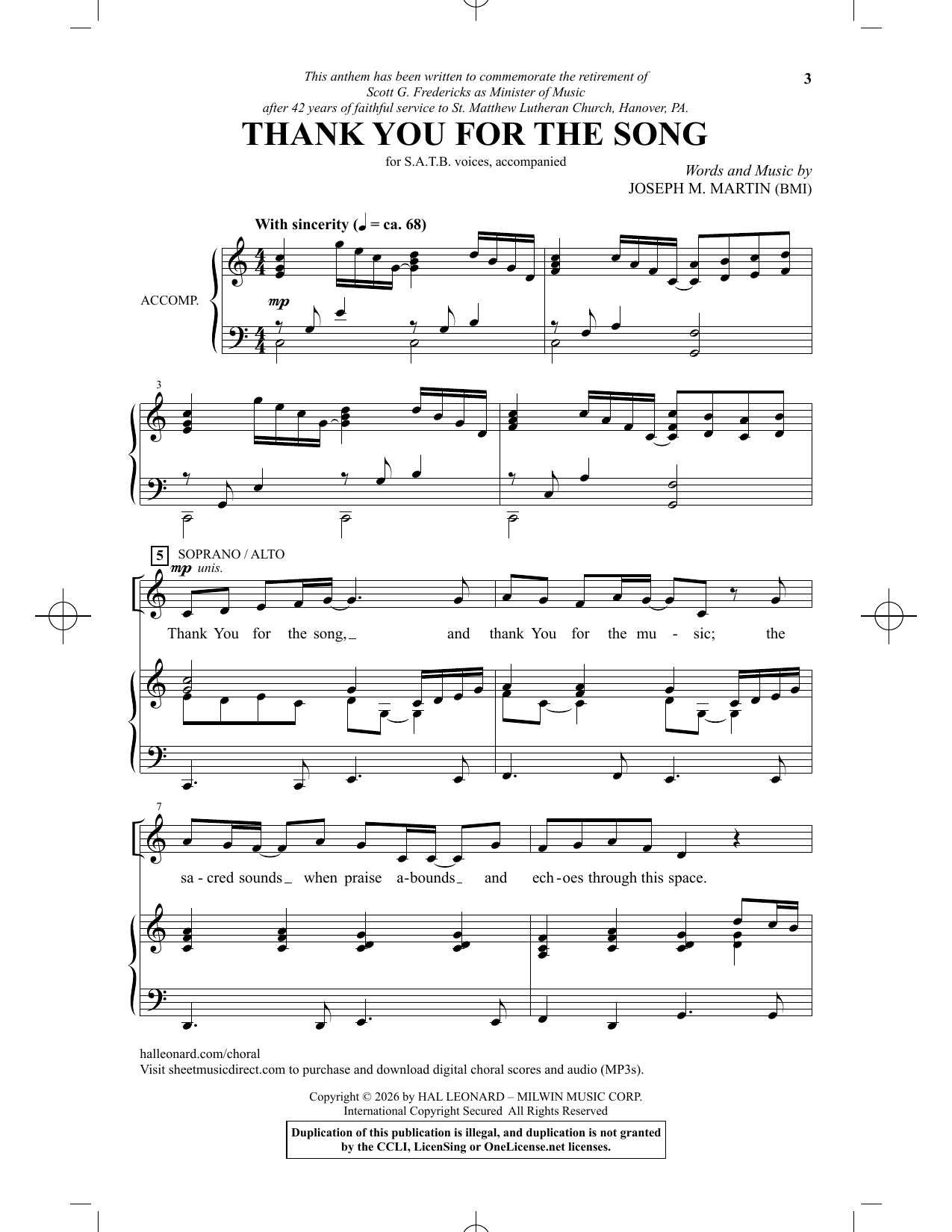 Product gallery: Page 1 of 1 Thank You For The Song, Joseph M. Martin