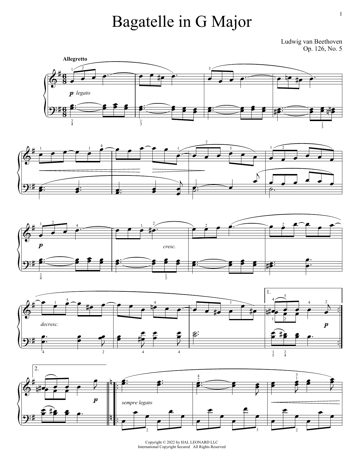 Product gallery: Page 1 of 1 Bagatelle in G, Op. 126, No. 5, Ludwig Van Beethoven
