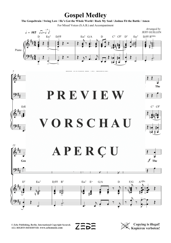 Produktgalerie: Seite 8 von 11 Gospel Medley (Gospeltrain, He´s Got the Whole World, Joshua Fit the Battle, Rock My Soul, Amen), , Gemischter Chor SAB und Klavier
