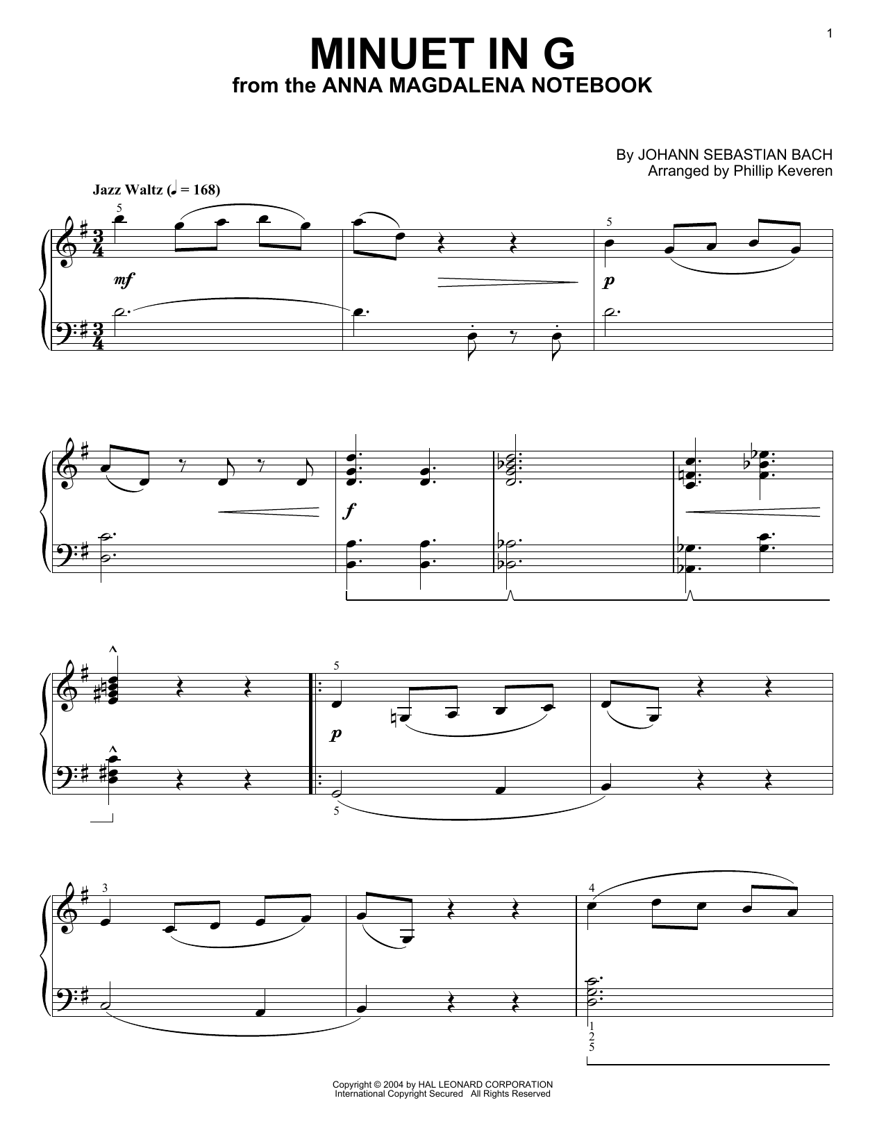 Produktgalerie: Seite 1 von 1 Minuet In G [Jazz version] (arr. Phillip Keveren), Johann Sebastian Bach, Klavier